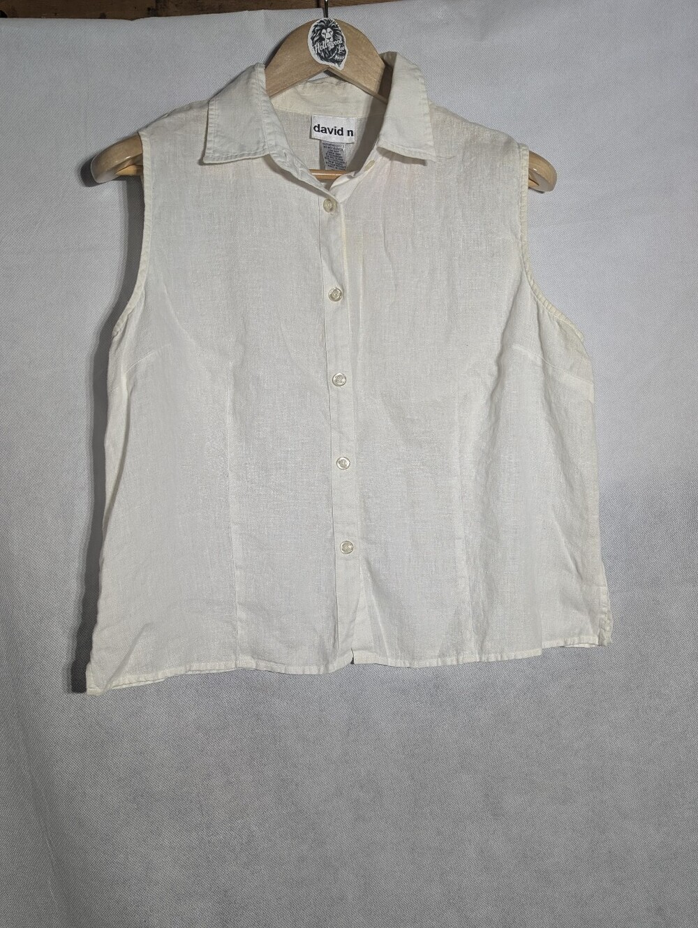 Vintage David N 100% Linen Sleeveless Button Down Top White XL